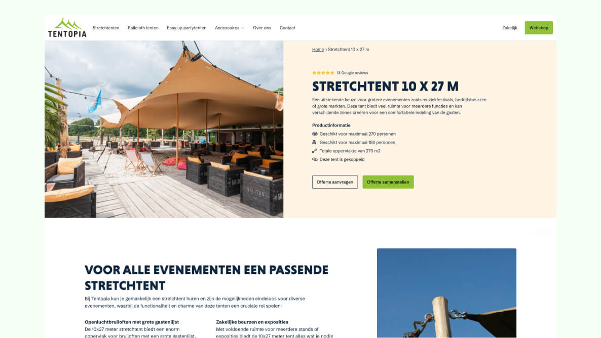 Detailpagina van een tent - Tentopia WordPress website